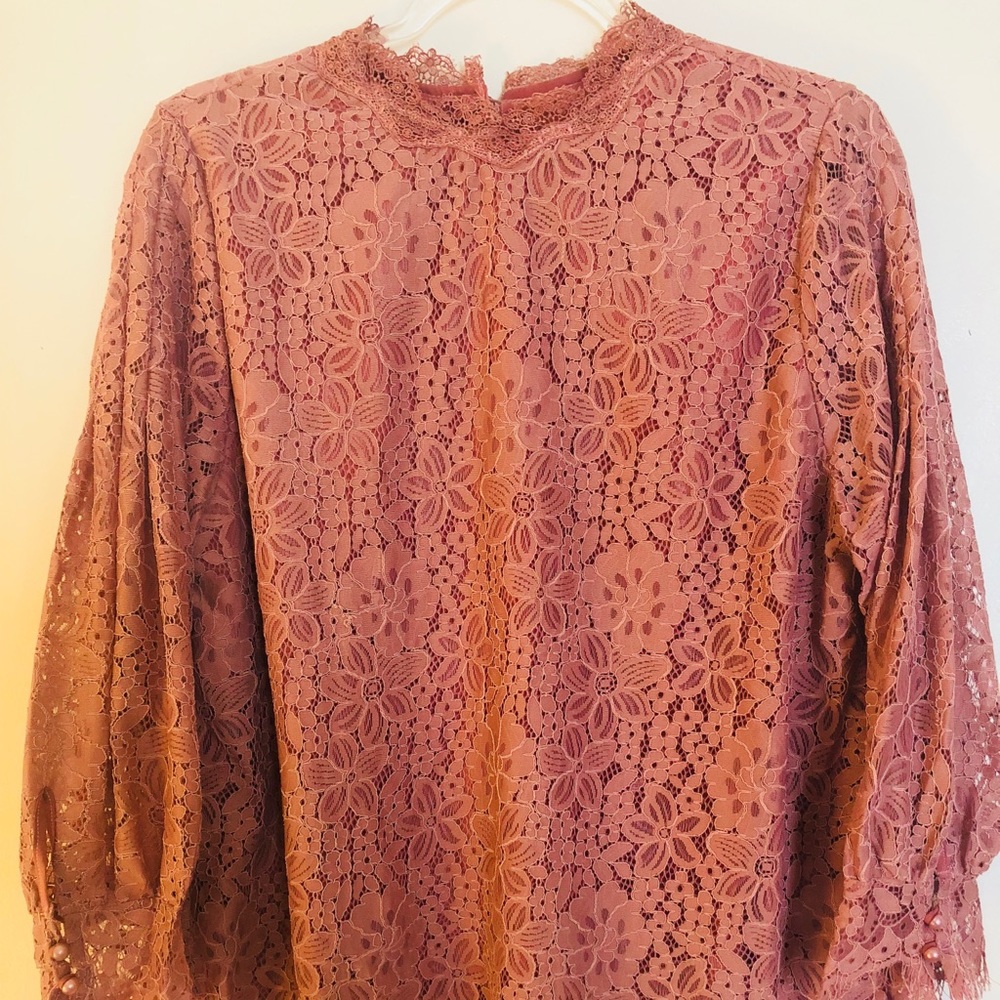 Dusty Rose Lace Embellished Long Sleeve Blouse